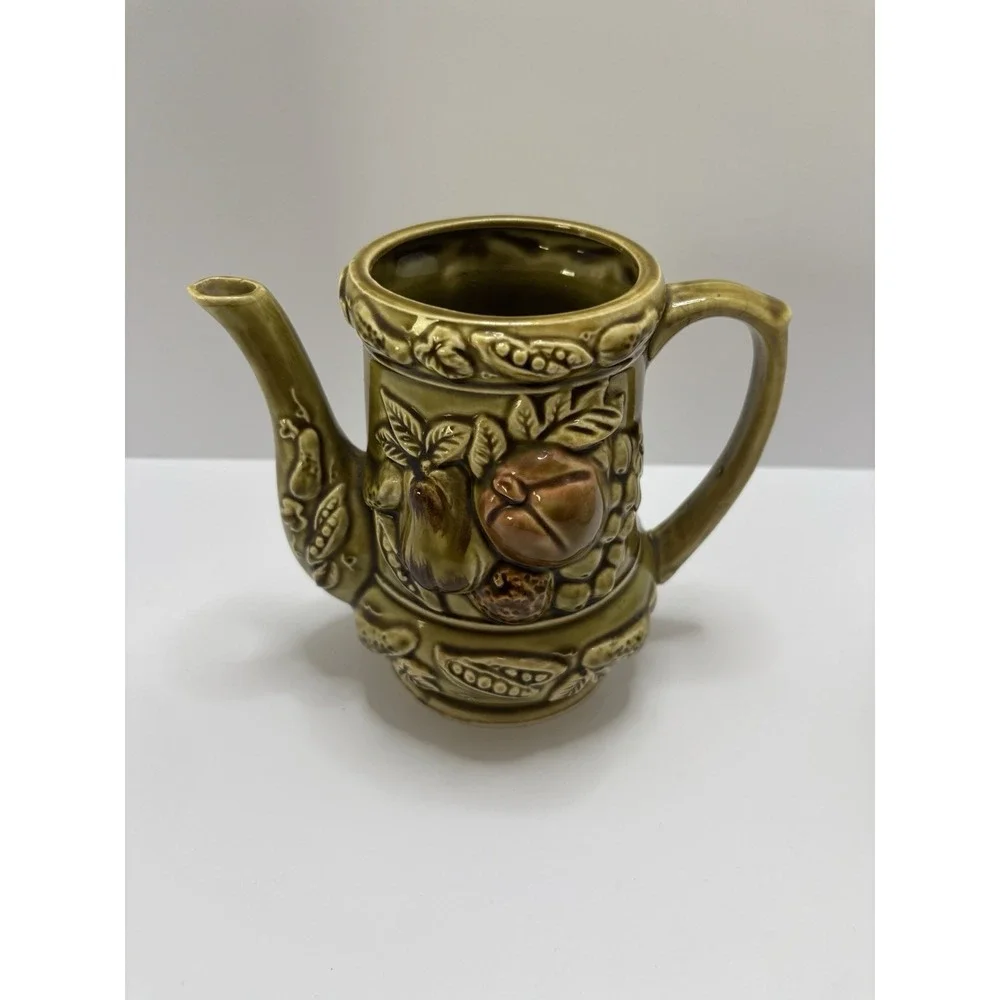 Vintage Tilso Coffee-Tea Pot Olive Green Ceramic, Fruits & Vegetables, 8